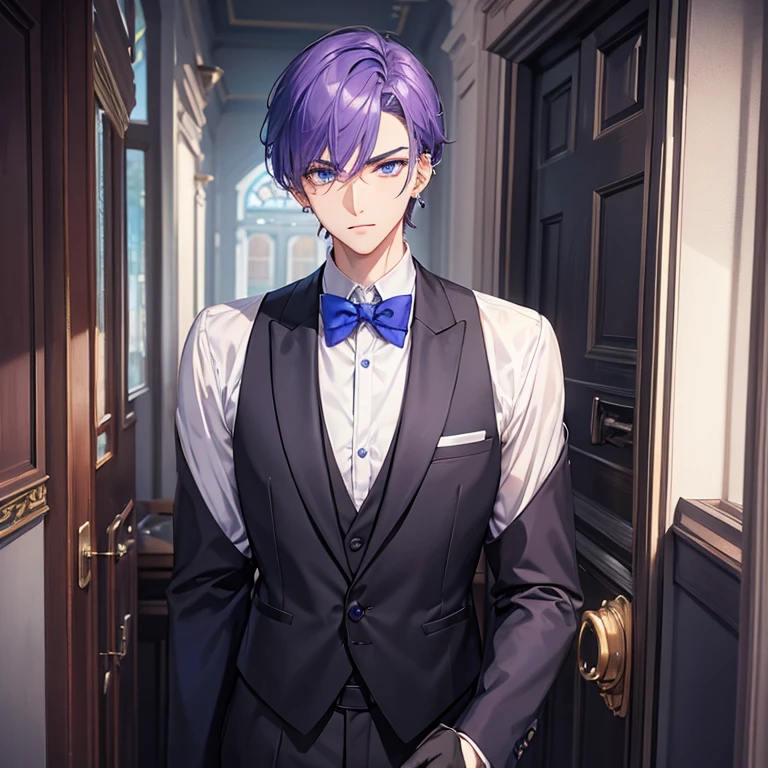 Tall young man, manly face, light complexion, blue eyes, strong eyebrows, short violet hair, ear piercings, formal suit with bow tie and sleeveless vest, black shirt