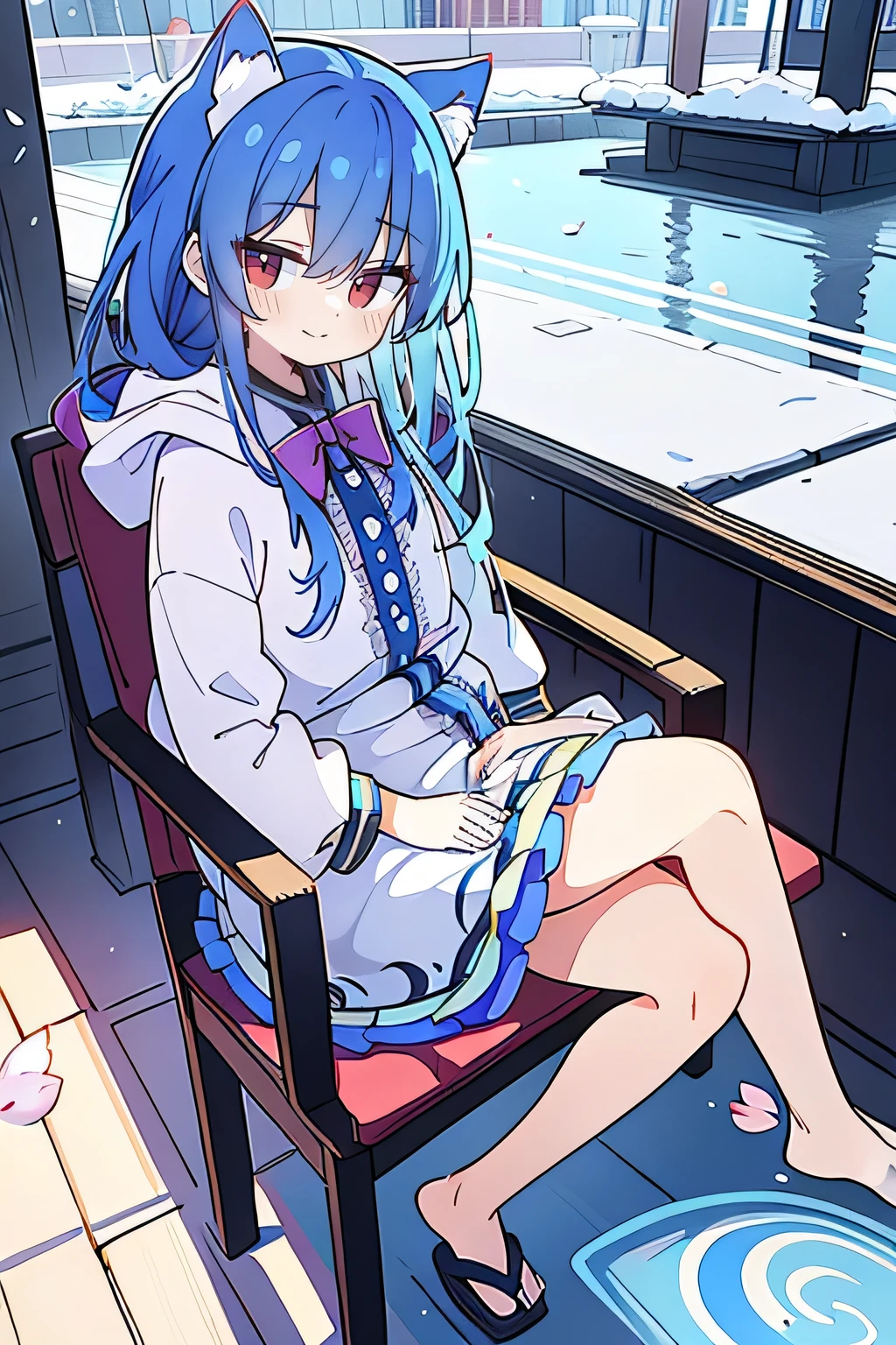 Best masterpiece, anime coloring, ultra-detail, 8k、((Sitting on the open corridor))、summer, morning, sun、White off-shoulder jeans with shorts、from below、looking down、smile,