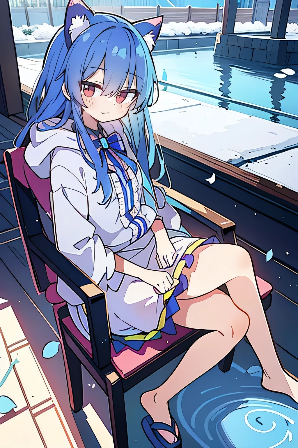 （masterpiece：1.2），Super detailed，lifelike，Expressive eyes，fair skin，perfect face shape，1 girl，
Japanese comics,Gorgeous blue hair,flowing blue hair,flowing clothes,Cat ears,Petals fall,beautiful lola,Baby Angel,
Cross your legs，Gentle and peaceful background，The pavilion is cool and comfortable,smile, wearing hoodie, background of tokyo,back views,snowing, winter.