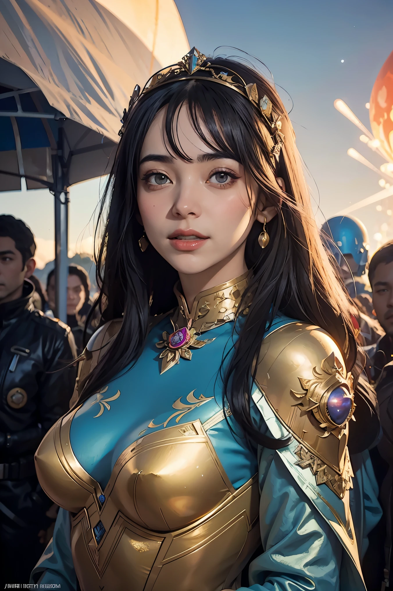arafed image of a woman with a helmet on surrounded by other people, stephen hickman, beautiful retro art, mars attacks, gilded lotus princess, featured on cgsociety, cosmic apocalypse, persian queen, kirill leonov, by Jason A. Engle, barbarella