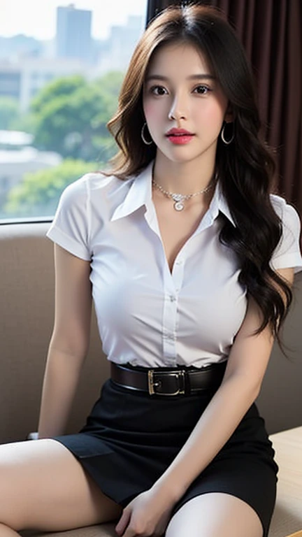 (High resolution 8K) A masterpiece, the highest quality, realistic like a photograph. ((middle bust)) Hair in one eye, purple eyes, very large hoop earrings, sharp eyes, diamond choker, red gemstone necklace. (Symmetrical eyes) (The body is perfectly symmetrical. ), Photo of a beautiful 27 year old age girl, The photograph looked up from the front of the leg.,(Fit body), ((Sitting at a table in an office on the 30th floor, next to a large glass window overlooking the city.)), (black short skirt), (mahalaiuniform), (( The young woman wore a tight-fitting white short-sleeved shirt., unbuttoned, Open your chest deep and wide)) ((black short pencil skirt The skirt has deep slits on the front of the legs.)), belt, bob hair, long hair, side bangs, Blonde hair, Double eyelids, sharp eyeliner, Eyeshadow, blush and thick eyelashes. Very delicate and beautiful. Round chin. Sharp focus.. elegant. Turn your head, open your legs, lift your right leg over your left leg. Sit with your legs naturally spread out, with your legs apart, a dynamic pose.((big breasts)) Medium milk