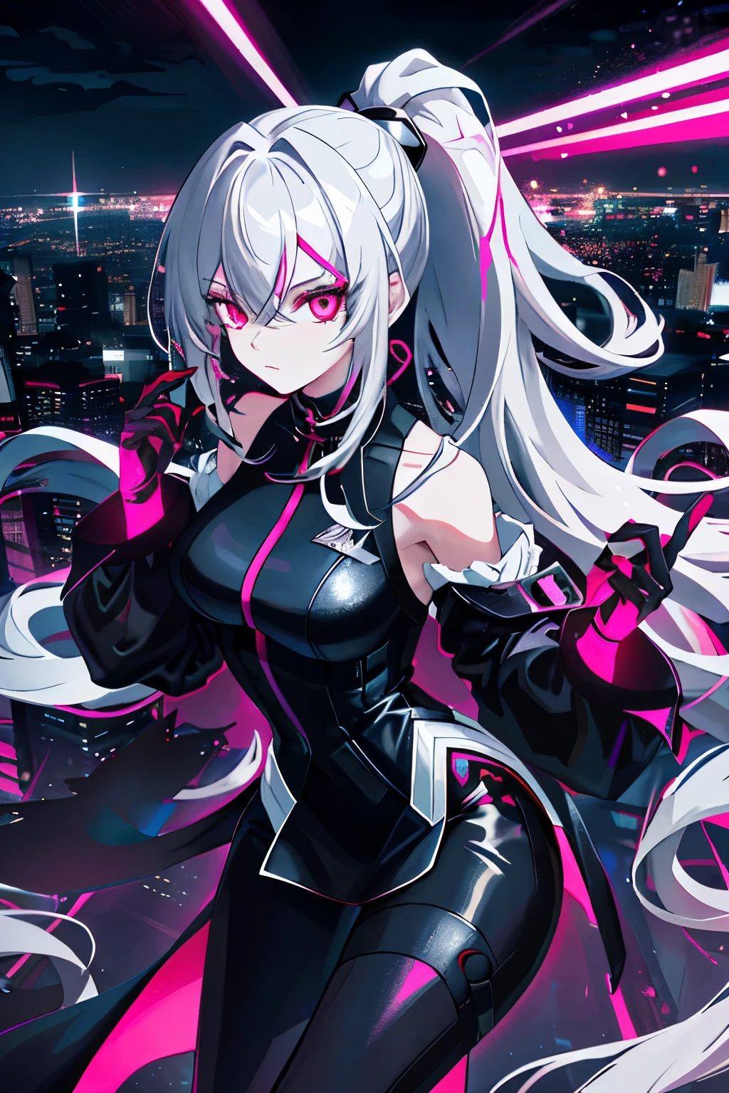 (Artwork of highest quality, ultra-detailed and high contrast, showcasing a solitary woman in full body. She stands boldly on the edge of a towering skyscraper, her long, silver hair flowing freely in a ponytail. Her eyes, once bright, now bear the heavy weight of sadness with broken, ruby red irises. Dressed in a form-fitting black dress, her body is accentuated by the contrasting neon pink cybernetics that adorn her. The detailed background reveals the astounding cityscape below, with a focused gaze on the intricately designed skyscraper roof. Her face, with hyper-detailed features, is characterized by