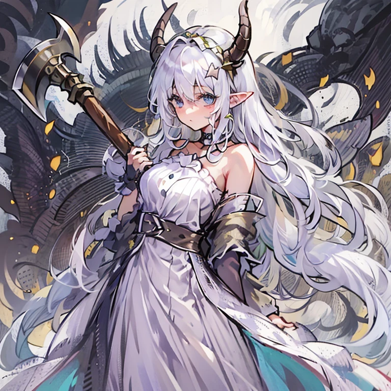 ((masterpiece)), ((bestquality)), ((ultra-detailed)), 1girl, solo, a -yeld gi white hair, blue eyes, detailed face, dragonian_head, dragonian_body, dragonian_hairstyle, dragonian_horns, dragonian_tail,white tail covered with scales, white long dress, dirty dress, torn dress, off shoulder dress, black choker, ((circlet on head)), bangs, battle axe, (holding axe:1.2), (over shoulder), weapon over shoulder, nice hands, perfect hands, weapon over shoulder, fire rain, lava, image resolution 1024