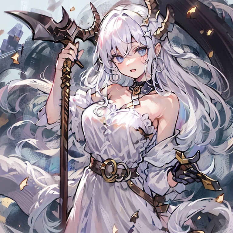 ((masterpiece)), ((bestquality)), ((ultra-detailed)), 1girl, solo, a ****************, white hair, blue eyes, detailed face, dragonian_head, dragonian_body, dragonian_hairstyle, dragonian_horns, dragonian_tail,white tail covered with scales, white long dress, dirty dress, torn dress, off shoulder dress, black choker, ((circlet on head)), bangs, battle axe, (holding axe:1.2), (over shoulder), weapon over shoulder, nice hands, perfect hands, weapon over shoulder, fire rain, lava, image resolution 1024