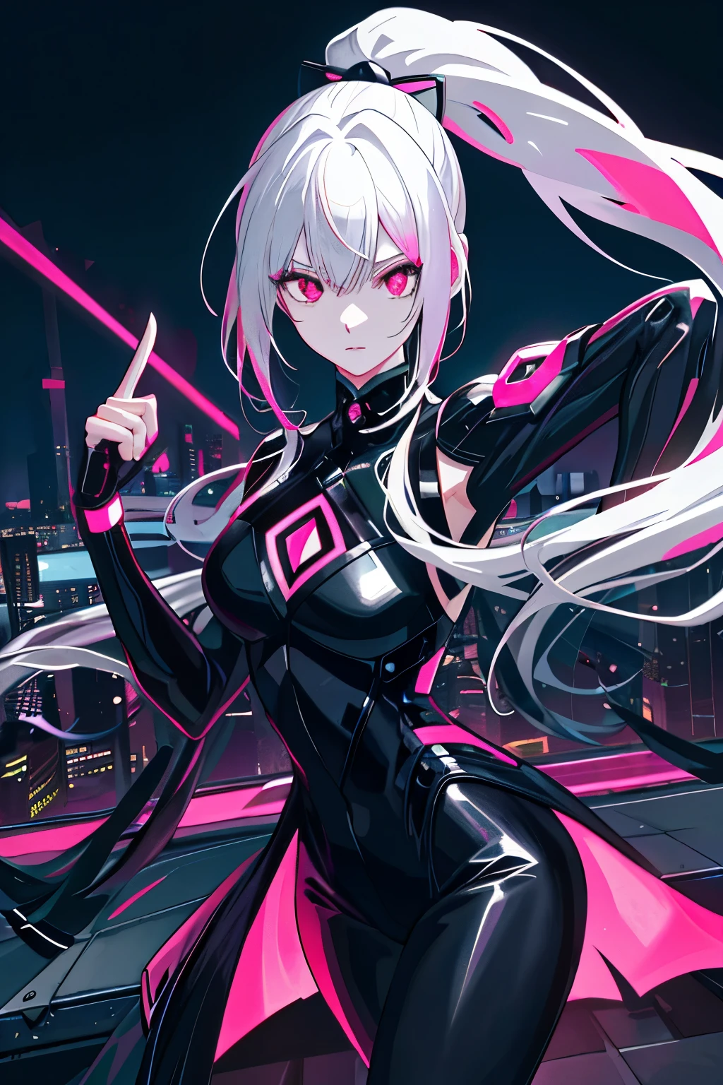 Anime artwork at its best quality, showcasing an ultra-detailed and high contrast masterpiece, features 1 woman of Brazilian descent. She stands alone on the edge of a skyscraper, with her silver hair flowing long in a ponytail and her mesmerizing red eyes sparkling like perfect ruby gems. She wears a simple black qipao, accentuated by black cybernetics with neon pink highlights, and completes her look with transparent black socks. The scene takes place on the rooftop of the skyscraper, offering a breathtaking view overlooking a city. The detailed background portrays a captivating night time atmosphere, adorned with darkness and low light pollution, further enhancing the overall aesthetic.