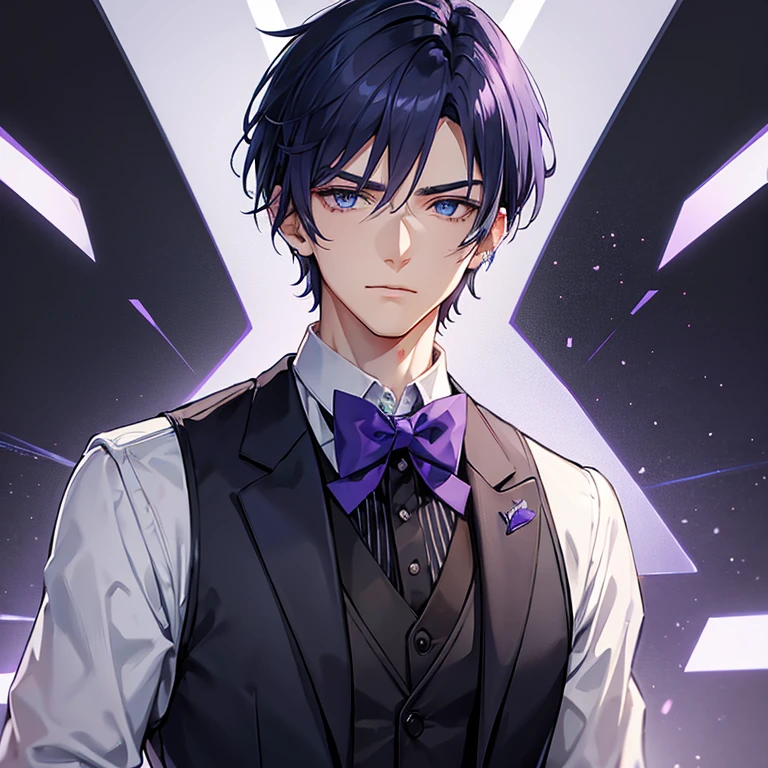 Tall young man, manly face, light complexion, blue eyes, strong eyebrows, short violet hair, ear piercings, formal suit with bow tie and sleeveless vest, black shirt