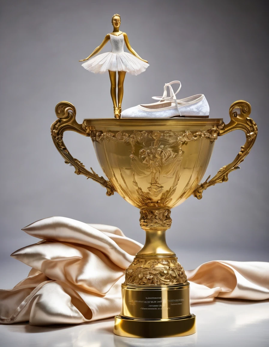 A huge golden trophy with engraved text,A small mountain of worn-out white ballet shoes,A photo of a ballet dancer