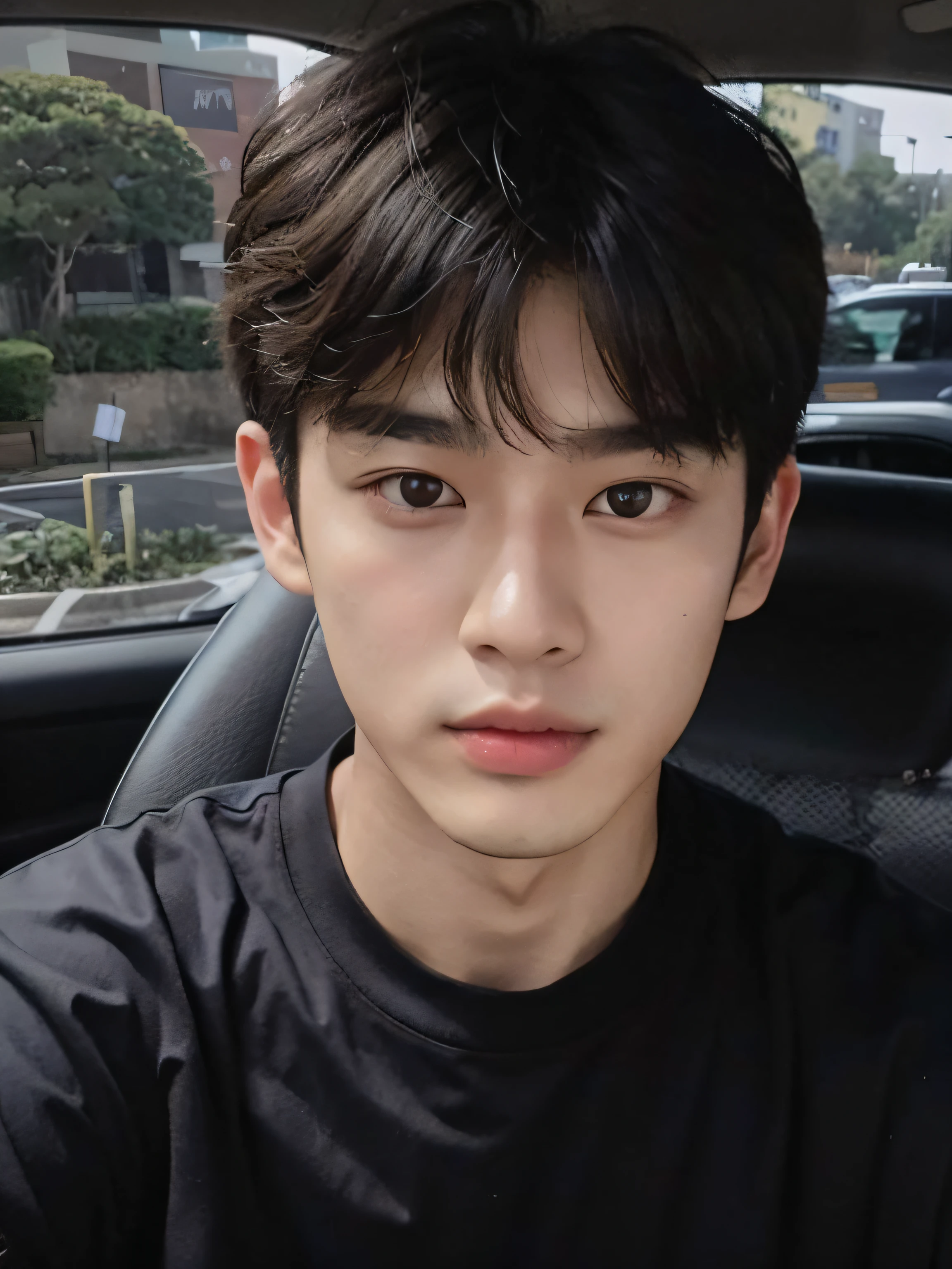 Asian man in a car wearing black shirt, Shin Jinying, Kim Do-young, WAN cute Korean face, Korean male, 1 7-year-old boy facelift, Young and cute Korean face, Young cute pale Asian face, Avatar Profile Picture, Paint Ulzan, Shin Jin Hye Aesthetics, Inspired by Zhang Han, A handsome man,Has short black hair