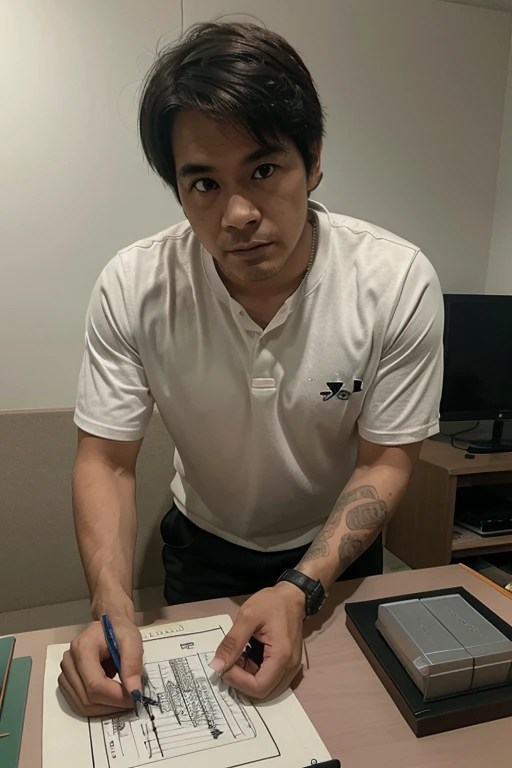 front view, full-body, standing pose, solo, 1 man ,Japanese man, code name L, staff of M , 30 age-old, (black hair, black eyeglass, serious),middle body, lough style fission, (a colorful aloha shit: 1.3), denim breech, sandal, ((Japanese anime character , computer , monitor, on desk)) , ((007 series poster and mission possible series poster put wall)), noon, (super detail, high details, high quality, accurate, anatomically correct, textured skin, beautiful fingers super detail, high details, high quality, best quality)