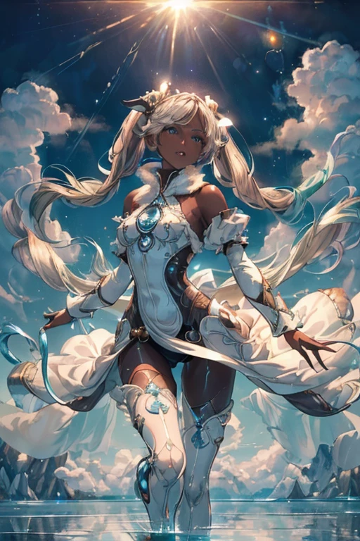 High resolution,Sharp focus,(Super detailed,Very detailed),(Very detailed CG unity 8k wallpaper),(((Vibrant colors))),
gran blue fantasy,Iooiklas,Platinum Blonde Hair,Twin tails, hair ornaments, White Dress, Black knee socks,
Removable sleeves,Complex eyes,Beautiful fine details,Symmetrical eyes,Big eyes:1.5,Seductive eyes,
(((dark skin,dark_skin,lustrous skin:1.5,bright skin: 1.5,
skin tanned, shiny skin,very shiny skin,Shiny body,plastic glitter
skin,exaggerated shiny skin,illuminated skin))),
(,Detailed body,(Detailed face)), cute,Lewd,erotic,Bold,Camel toe revealing outfit,show skin,(((Sexy aqua fur coat, Aqua fur coat outfit,
wearing a Ice Dress:1.3,aqua 冬 coat))), ((Ice Dress,elegant Ice Dress)),
(White gloves,White clothes,(((Complex outfit,Complicated clothes,Embroidered costume,Glamorous costumes,Embroidered clothes,
(((Glamorous clothing))),skinsuit, Bodysuits, pantyhose,smile, Open your mouth,Light,Faint light,Cinematic Light.Beyond the Clouds, Surrounded by water, reflection,Breathtakingly beautiful clouds,