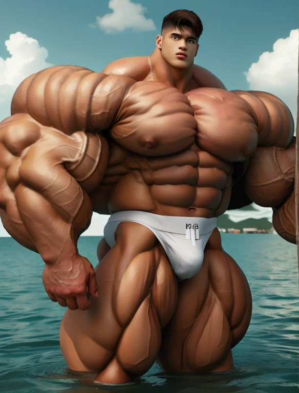 1boy, giant, model shoot style, looking at camera, standing, cool ambience, outdoor, summer season, at the ocean lagoon, cloudy sky, strong body, bulk, large size, standing, white triangular underwear, prominent bulge, big, brutalmass, giant, muscular body, bulk, massive body, large meaty body size. Hyper Realistic