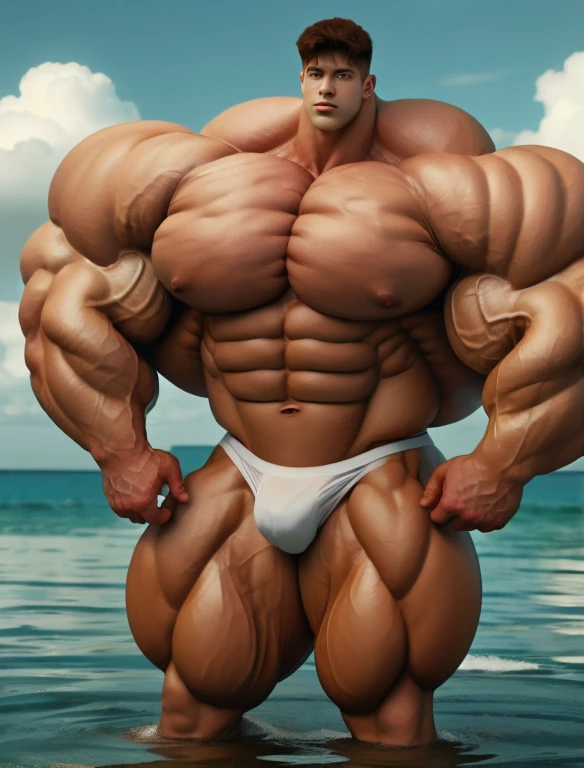1boy, giant, model shoot style, looking at camera, standing, cool ambience, outdoor, summer season, at the ocean lagoon, cloudy sky, strong body, bulk, large size, standing, white triangular underwear, prominent bulge, big, brutalmass, giant, muscular body, bulk, massive body, large meaty body size. Hyper Realistic