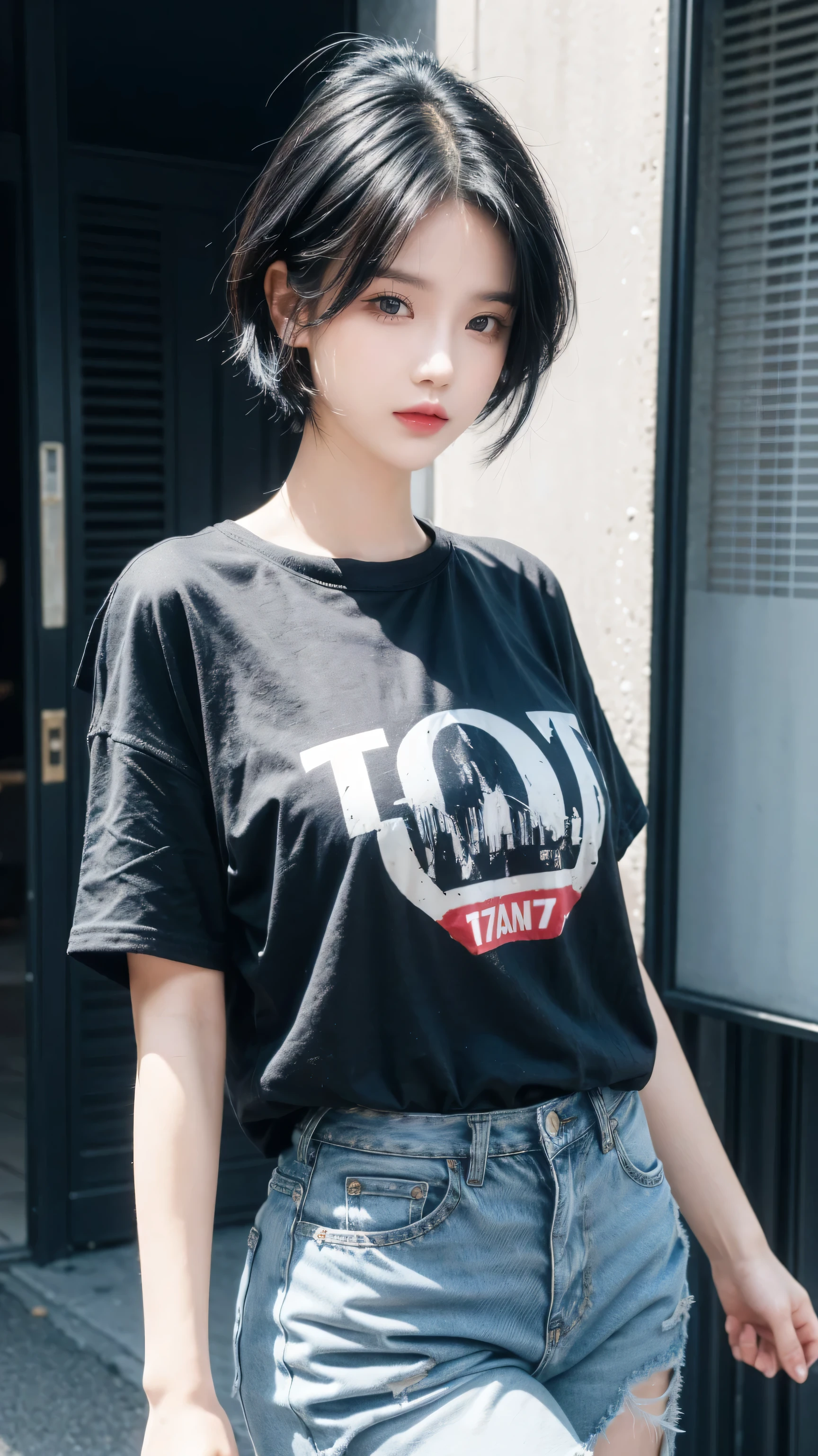 best quality, 1 Girl, dark blue hair, black eyes, Very short hair, Spiky hair, oversize t-shirt pinky, High waist short jeans, 171 cm, Messy hair, Hair between the eyes, Medium breasts, full, Tomboy, aldult, 20 years old, 1 Girl