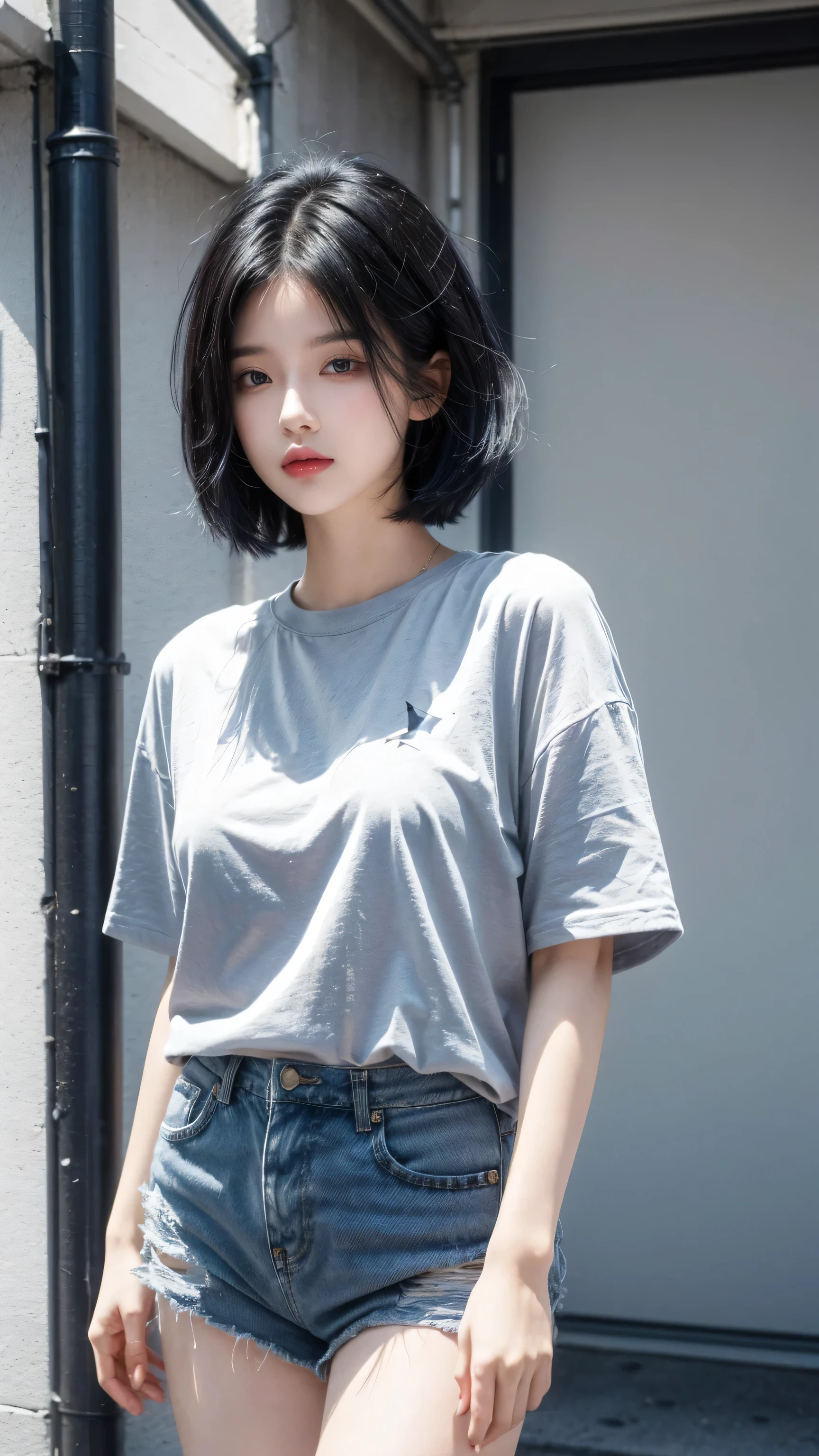 best quality, 1 Girl, dark blue hair, black eyes, Very short hair, Spiky hair, oversize t-shirt pinky, High waist short jeans, 171 cm, Messy hair, Hair between the eyes, Medium breasts, full, Tomboy, aldult, 20 years old, 1 Girl