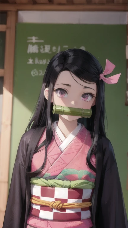 ((masterpiece,Intricate details)),One girl,Mature Woman,Smile Break Nezuko, Long Hair, ribbon, hair ribbon, pink ribbon, kimono, kimono, gag, very Long Hair, bit gag, pink kimono, amount, bamboo, gagged, heart, Long sleeve, Checked sash, Haori BREAK
, water_garden,,((Upper Body)),From below:1.2,Depth of written boundary,View your viewers,