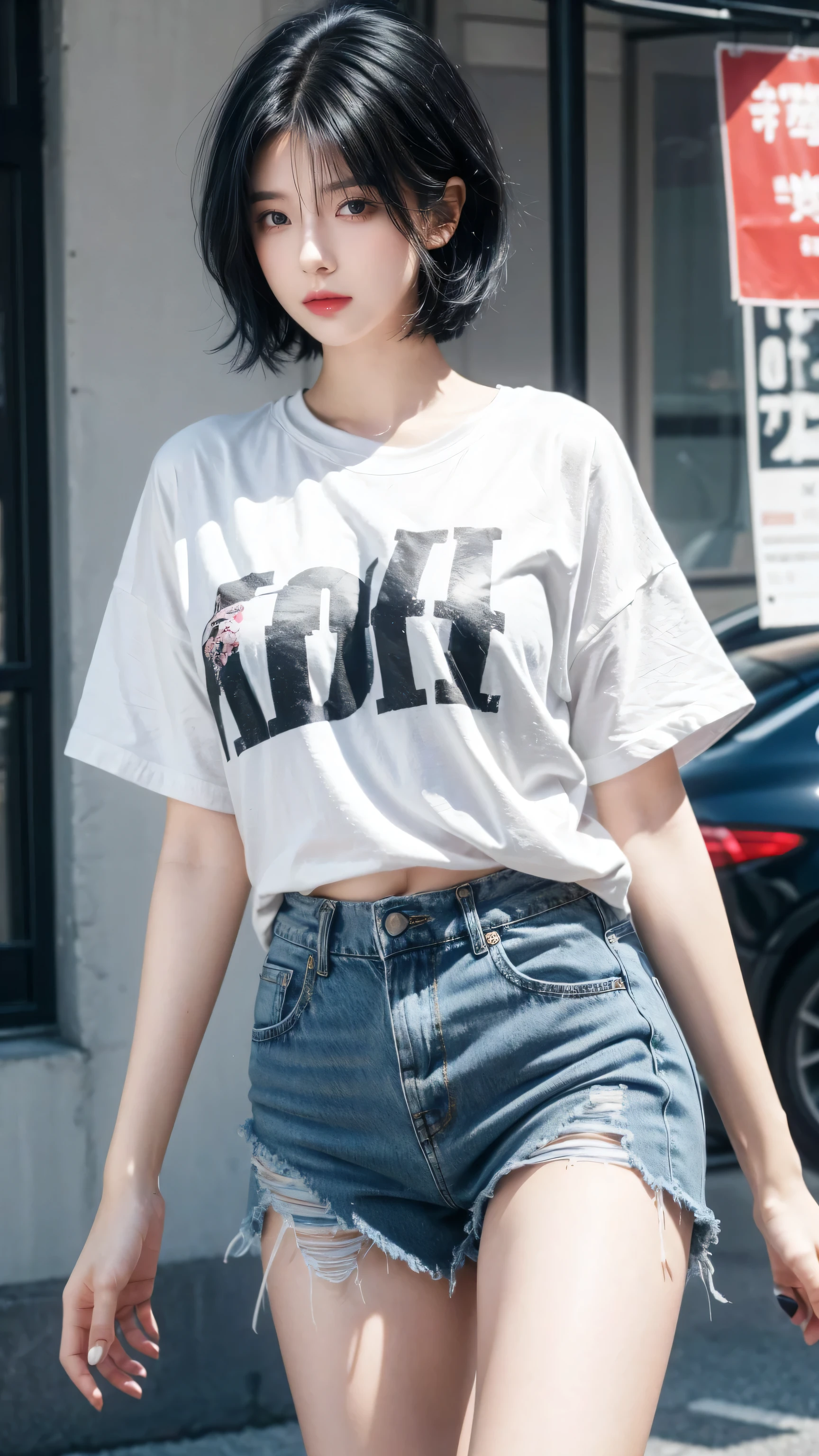 best quality, 1 Girl, dark blue hair, black eyes, Very short hair, Spiky hair, oversize t-shirt pinky, High waist short jeans, 171 cm, Messy hair, Hair between the eyes, Medium breasts, full, Tomboy, aldult, 20 years old, 1 Girl