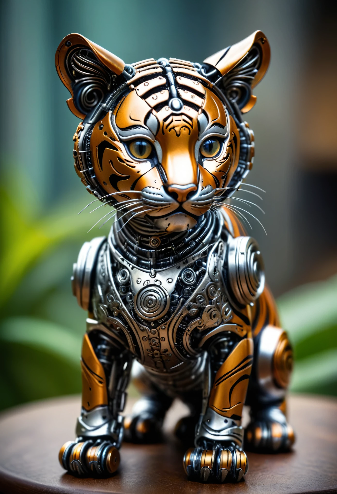 a cute tiny bengal tiger made out of metal, (cyborg:1.1), ([tail | detailed wire]:1.3), (intricate details), hdr, (intricate details, hyperdetailed:1.2), cinematic shot, vignette, centered