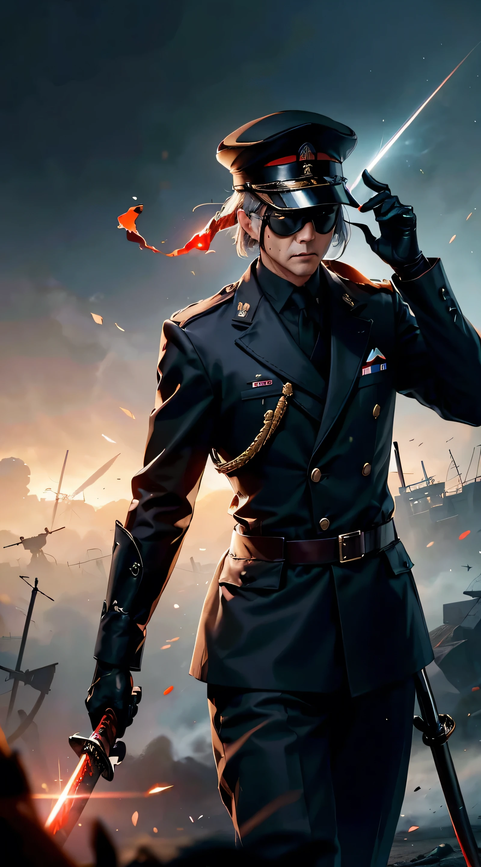 Grandfather holding katana, ww2 black suits, general ww2 hats, black eye mask, proclamation background,red blood element,hd light and dark, balance rendering, HD lighting and dark )<=(epic image quality)dark atmosphere with bright particle light(many effects in background)