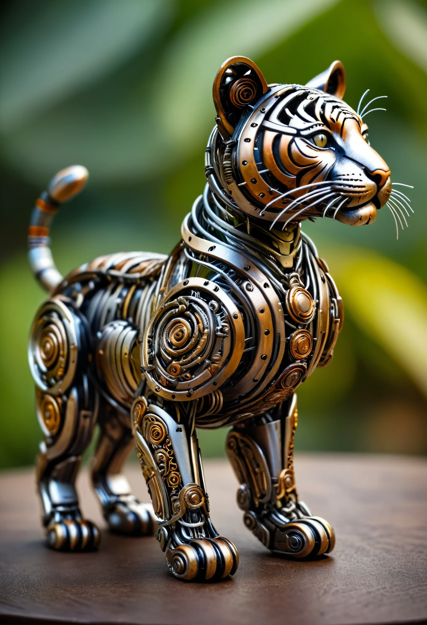 a cute tiny bengal tiger made out of metal, (cyborg:1.1), ([tail | detailed wire]:1.3), (intricate details), hdr, (intricate details, hyperdetailed:1.2), cinematic shot, vignette, centered