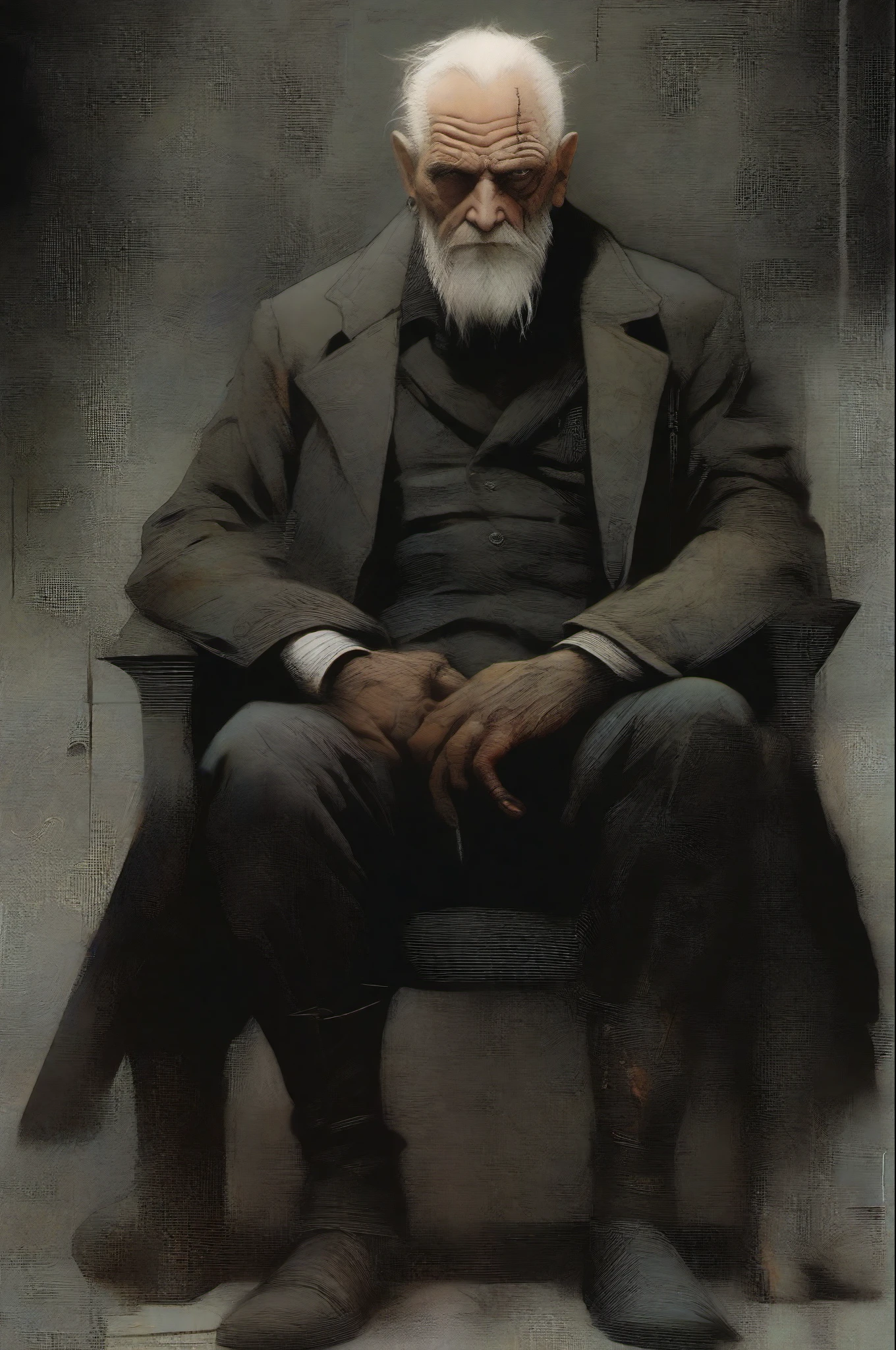 (Android Jones style), (Enki Bilal style:1.333), perfect upper body, (full shot:1.5) steampunk (old man), dark atmosphere, gloomy illumination, insane, stunning, dramatic, completed artwork, HQ:1.1, k, high resolution