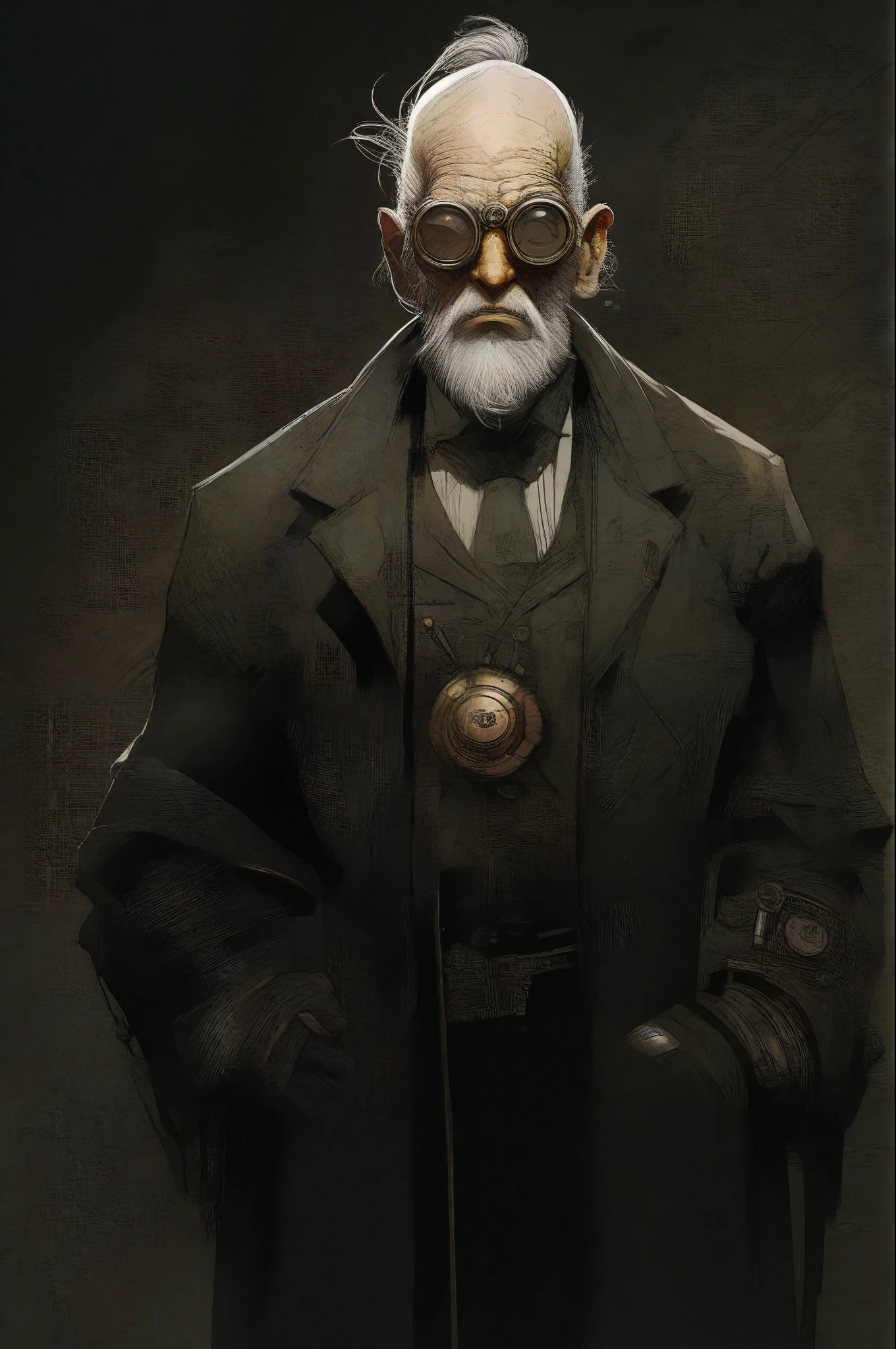 (Android Jones style), (Enki Bilal style:1.333), perfect upper body, (full shot:1.5) steampunk (old man), dark atmosphere, gloomy illumination, insane, stunning, dramatic, completed artwork, HQ:1.1, k, high resolution
