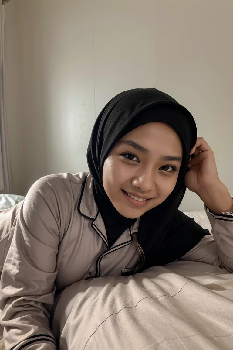 24 year old teenage malay woman with hijab,smiling,laying down on bed,wearing pajamas,bedroom background