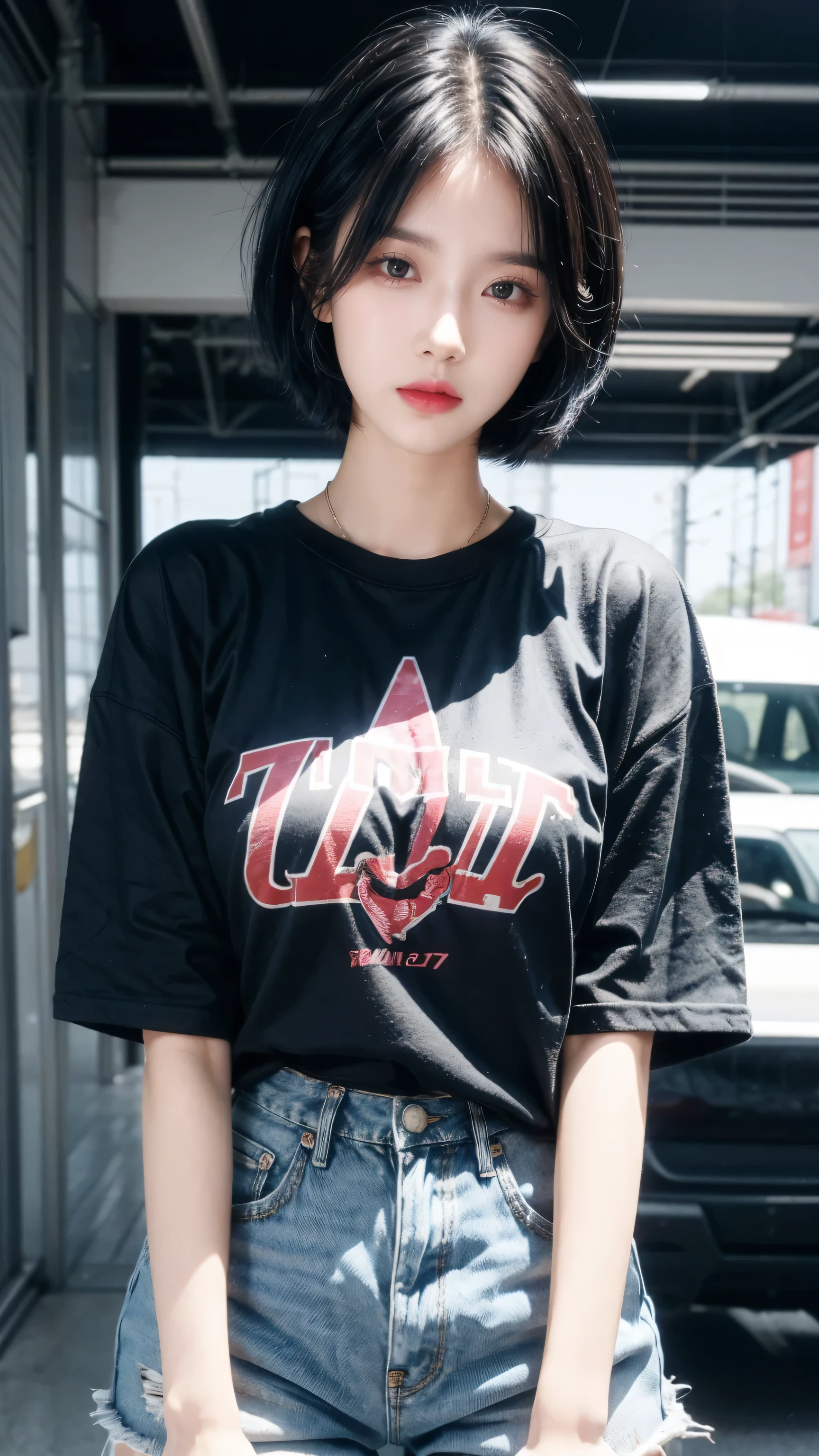best quality, 1 Girl, dark blue hair, black eyes, Very short hair, Spiky hair, oversize t-shirt pinky, High waist short jeans, 171 cm, Messy hair, Hair between the eyes, Medium breasts, full, Tomboy, aldult, 20 years old, 1 Girl