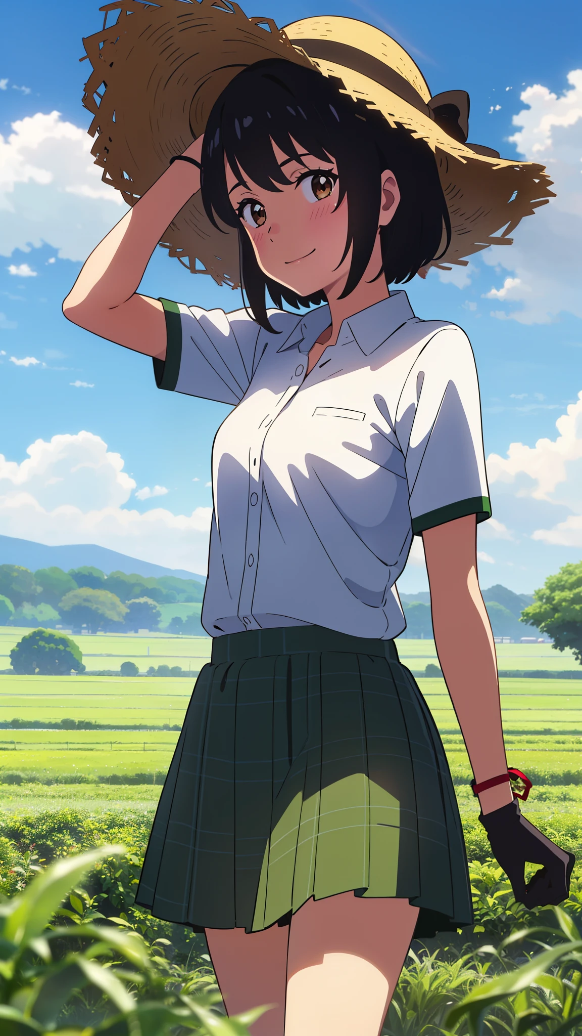 shinkai makoto, kimi no na wa., 1girl, bangs, black hair, blush, bright eyes, brown eyes, red headband, red ribbon, bracelet, short hair, cute, beautiful, shinny skin, looking at viewer, smile, cute, solo, casual shirt, t-shirt, green skirt, plaid skirt, outdoors, in the forest, gloves, field of wheat, straw hats, clouds, blue sky, Paddy field, Rice seedlings are beautiful in the field, holding a bunch of rice, Hillside, upper-body