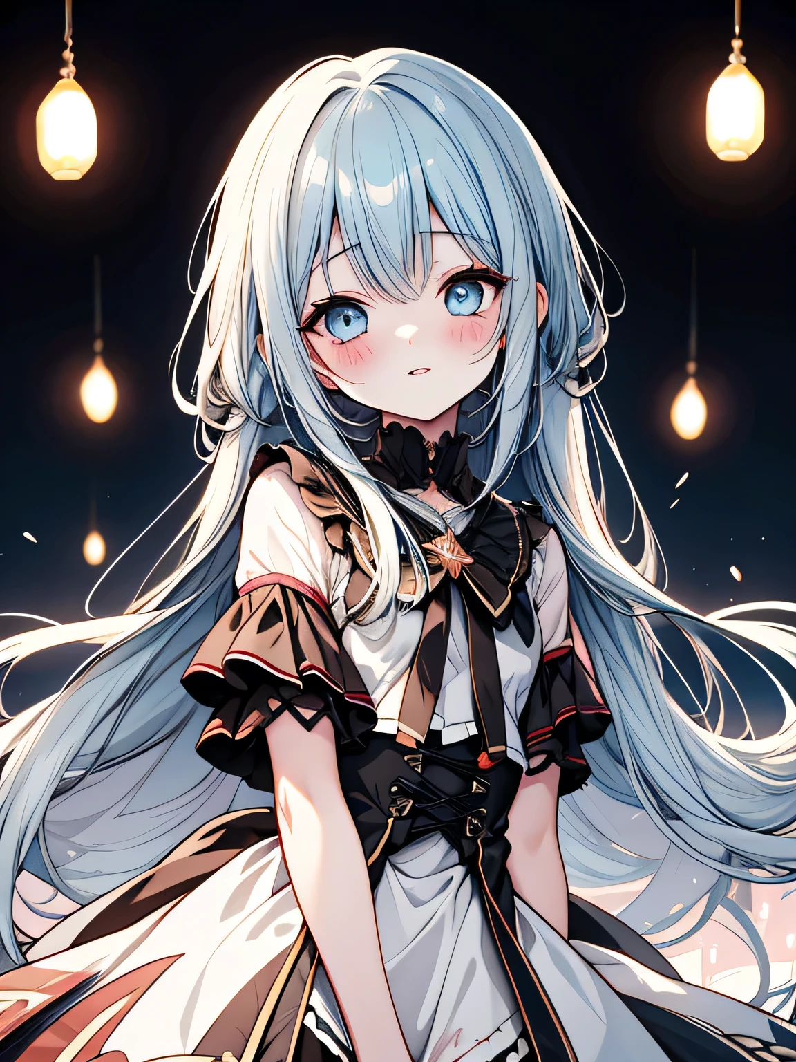 (ultra-intricate pupil in eyes, shiny eyes), long eyelashes, double eyelids, parted lips, kawaii, cute, , slender, (ultra delicate and beautiful skin), , perfect anatomy, dynamic angle, BREAK (masterpiece, best quality), (ultra-detailed 8K), (perfect design), absurdres, highres, ((blush)), (super fine illustration), (((((light blue long hair))))), , long hair ((blush)), masterpiece, best quality, (amazing,blunt bangs),((( 1 girl))),flat chest,
A girl staring at me from the top of a garbage mountain、Overall dark、smile 、Blood splashes、flash lights、giving a yandere, scary and creepy vibe,Arms hanging weakly, broken,Dramatic lighting., dramatic lighting render,、Niccoli holding a machete in one hand、Psychopath horror、Bloodstained、blood drops, photo, cinematic、Blood on a white dress、have a big machete