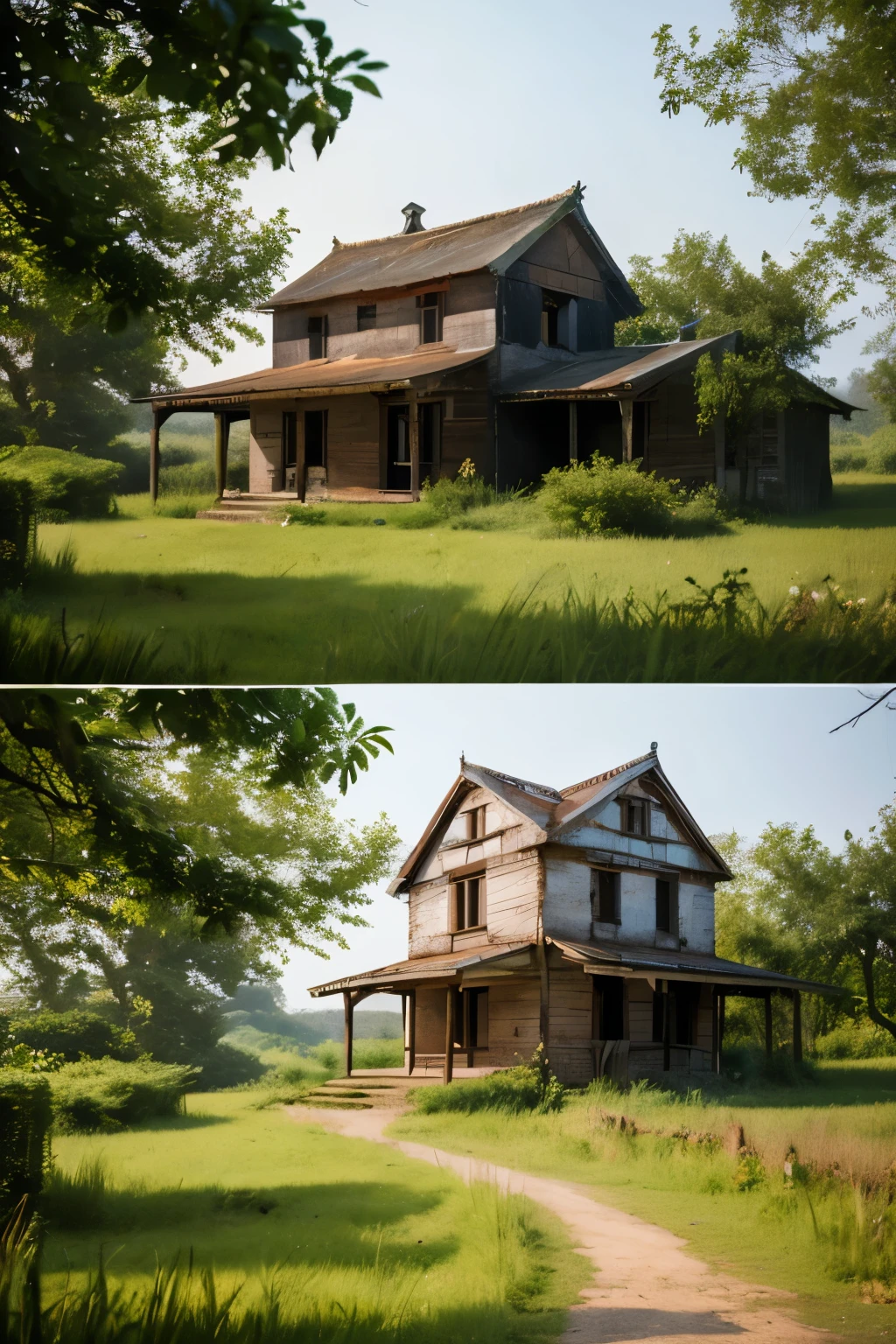An old house in the countryside with only a dilapidated house, realistic style, pastoral style dilapidated house a house in the countryside of China in the 1990s
