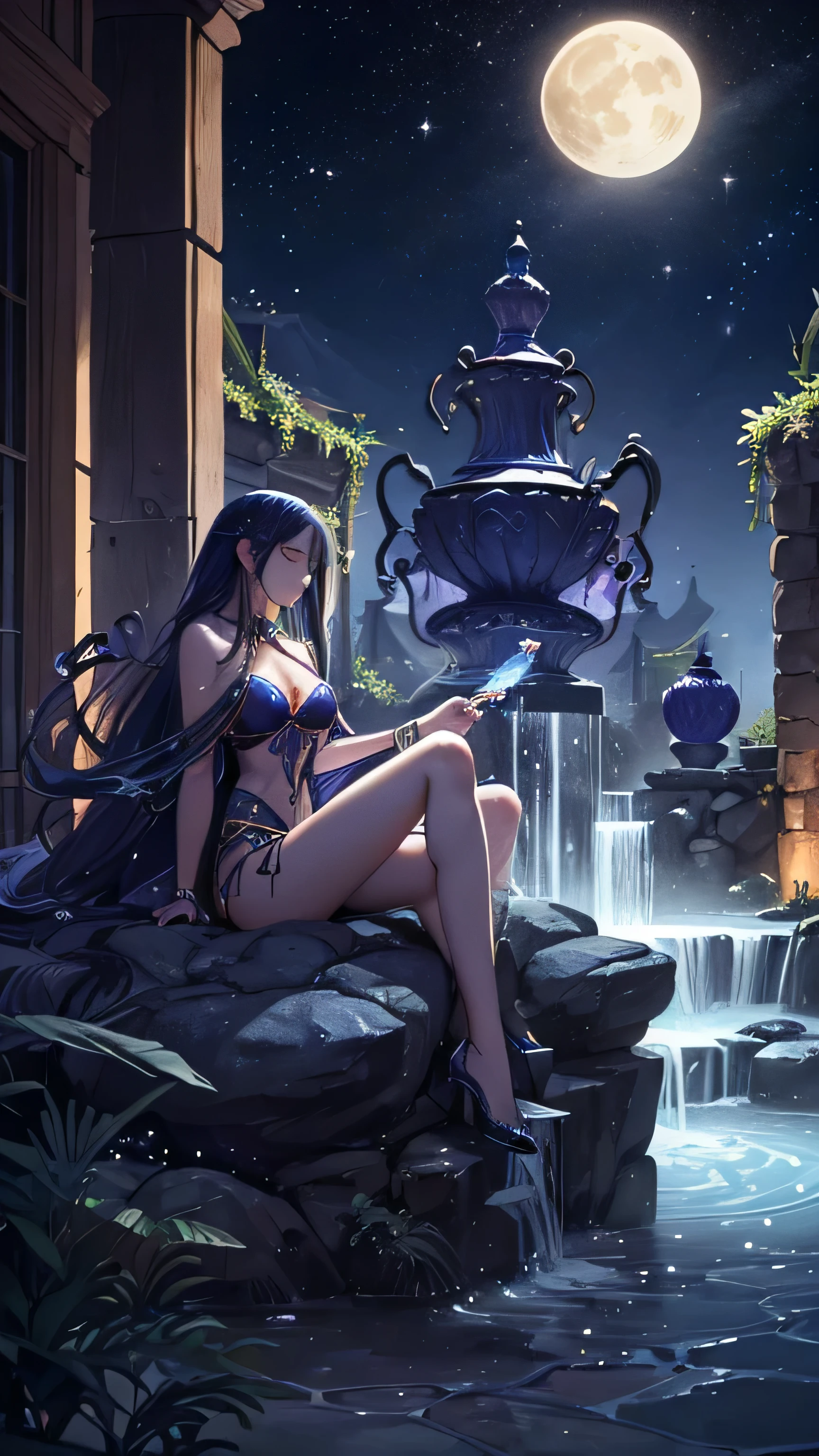 A mystical and artistic depiction featuring a giant scorpion emerging from water, seemingly interacting with a female figure who is pouring water from an amphora. The scene is set against a celestial backdrop with a glowing full moon and surrounded by zodiac symbols. The colors are vibrant, dominated by blues and purples, creating a dreamy, cosmic atmosphere.