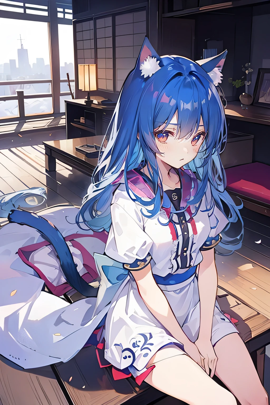 （masterpiece：1.2），Super detailed，lifelike，Expressive eyes，fair skin，perfect face shape，1 girl，
Japanese comics,Gorgeous blue hair,flowing blue hair,flowing clothes,Cat ears,Petals fall,beautiful lola,Baby Angel,
Cross your legs，Gentle and peaceful background，The pavilion is cool and comfortable,smile, wearing hoodie, background of tokyo,back views,snowing, winter.