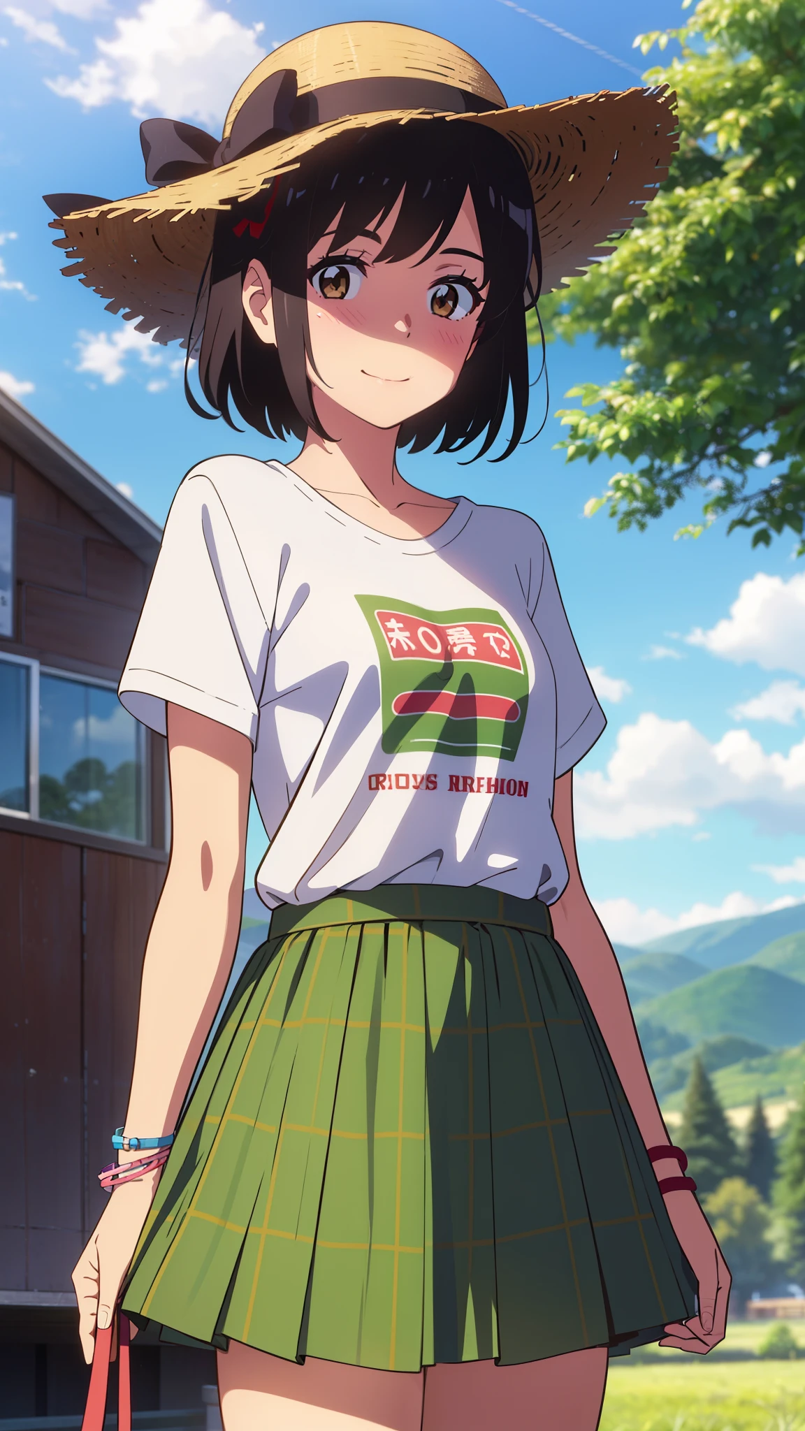 shinkai makoto, kimi no na wa., 1girl, bangs, black hair, blush, brown eyes, red headband, red ribbon, bracelet, short hair, cute, beautiful, shinny skin, looking at viewer, smile, cute, solo, casual shirt, t-shirt, green skirt, plaid skirt, outdoors, forest and farm background, rice fields, barn, tree, clouds, blue sky, straw hats