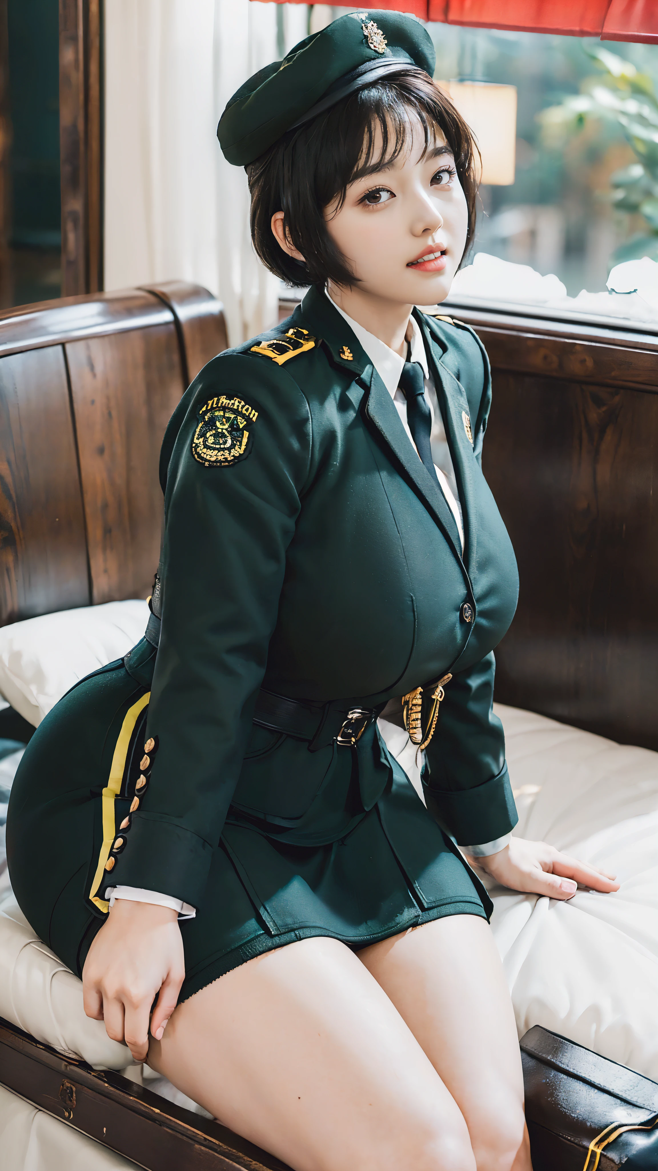 Usually detailed CG Unity 8K wallpaper，（tmasterpiece），（Best quality at best），（ultra - detailed），（ultra real photo），（best character detail：1.36），Nikon D750F / 1.4 55mm，RAW photos，profesional lighting， physically-based renderingt, 1 plump girl, girl soldier，(Dark green military uniform，Business suit，Fabric texture military uniform, perfect military composure)，(black necktie)，((white panty,))，bare-legged，Plump thighs,(military hat)，((Large wavy curls,curly hair, hair behind ear, (bob cut)):1.2)，the golden ratio,[:(Have a delicate face:1.2):0.2]:，PureErosFace_V1，Dark thick eyebrows,(gigantic breasts:1.55),(gigantic ass),(Plump thighs:1.45),(Wide crotch:1.55),((Place your finger to your breast):1.4)，Close-up shot，((Smile full of confidence， shy):1.35)，(((Close-up of panties),(Close-up of chest,closeup of face),Front view))，(Sunset sky，gentlesunlight，sunshine on face，(light shining on face)，blue-sky，Sunny smile，light glow)，white teeth，(looking at me)，(((thicc, bbwchan, thick thight, Wide hips, Buttocks swell crazily,🐎🍑,(Spread your legs widely:1.2),attractive pose,sexy pose,there  a woman in uniform sitting on the ground with her legs crossed, bare thighs, bare legs, seductive smile, film grain, cinematic lighting) )，azur lane style),spread legs,((Red flags fluttering)),black eyes，glowing skin，snow white skin，(Very close shot),(strong woman),Shot from the side