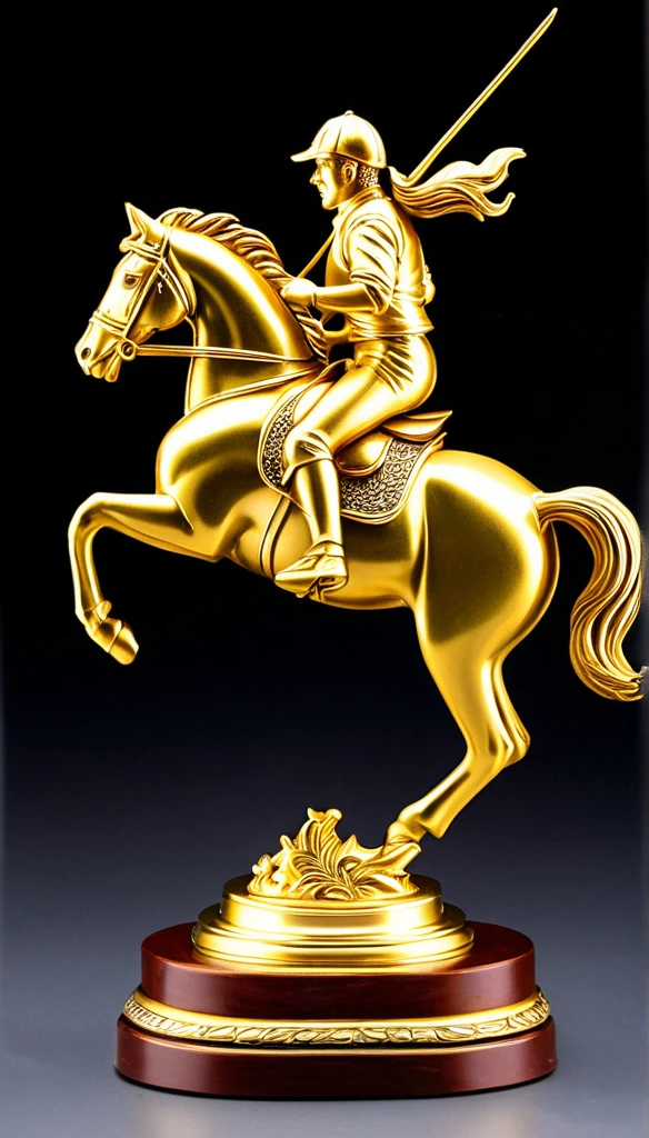 (best quality,ultra-detailed,realistic:1.37),golden trophy, intricately carved statuette of a horse galloping with a rider,