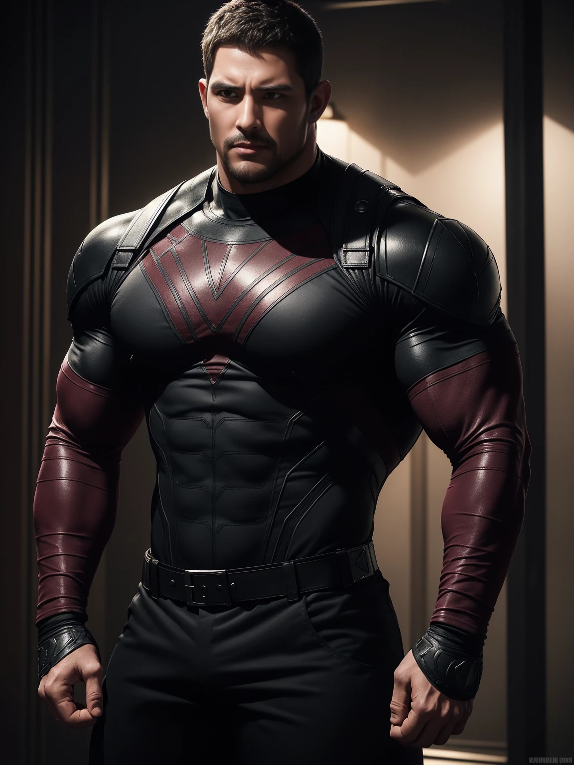 One Tall giant muscular police officer,  On the old-style outdoor streets, Wear a long-sleeved burgundy superhero Black Panther bodysuit, Elastic spandex material，The expression is arrogant, Lift your chin, Messy hair, Thick thighs, High collar, long sleeve, burgundy superhero bodysuit, very tight, Regular symmetrical pattern, Highlight muscles, Police uniform pants, character concept（Resident Evil - Chris Redfield, Chris Redfield）A proud expression, Deep and charming eyes, Heroic male pose, tall Burly, muscular！muscular thighs, tough guy, perfect facial features, High, Burly, Heqiang, Super polished and cool, High Resolution Committee, Charismatic, The sun is blazing, dazzling