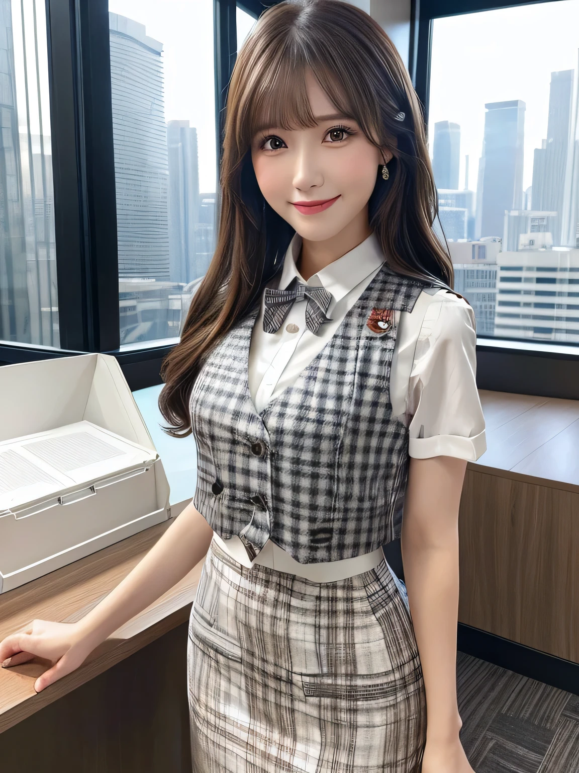 1 Woman Standing, (Save the proposal), office worker, (White and grey checked vest:1.2) (Pencil Skirt) bow tie, Mature Woman, /(Brown Hair/) bangs, A gentle blushing smile, (Masterpiece of the highest quality:1.2) Delicate illustrations, super detailed, Big Break (Modern office indoors), Skyscraper with windows, Detailed Background