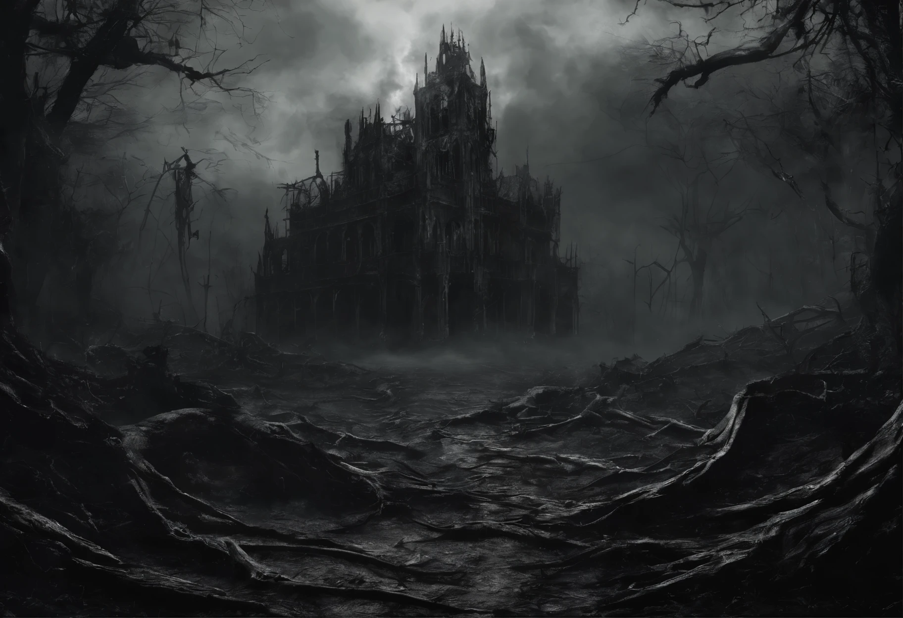 Post-apocalyptic warfare, tons de branco, negro, Cores vermelhas e ferrugem, sobreviventes, vegetation, Sombras, atmosfera sombria, Darkness, ((noite)), amplitude da paisagem, CAPA DE LIVRO