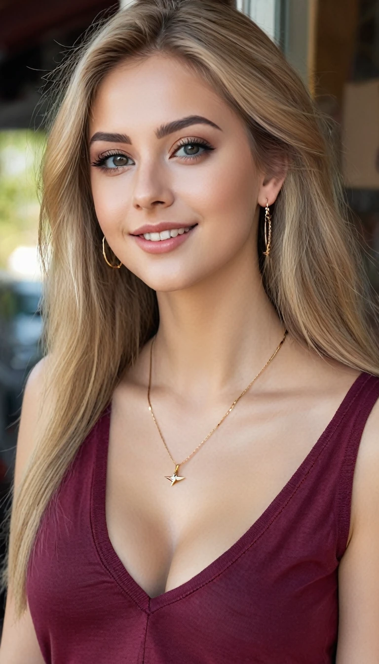 hyperrealistic beautiful busty 18-year-old women in v-neck shirt and skinny jeans, model shooting full body photography, view from behind, natural blonde very long straight hair, dark eye makeup with eyeliner, seductive smile, small necklace and earrings, 8K, best quality, Meisterwerk, ultra high resolution, (Realismus: 1.4), Originalfoto, (realistische Hautstruktur: 1.3), (Filmkorn: 1.3), (Selfie-Winkel), 1 girl, Beautiful round hazel eyes and facial details, Meisterwerk, best quality, selfie-pic-posing outside, nsfw