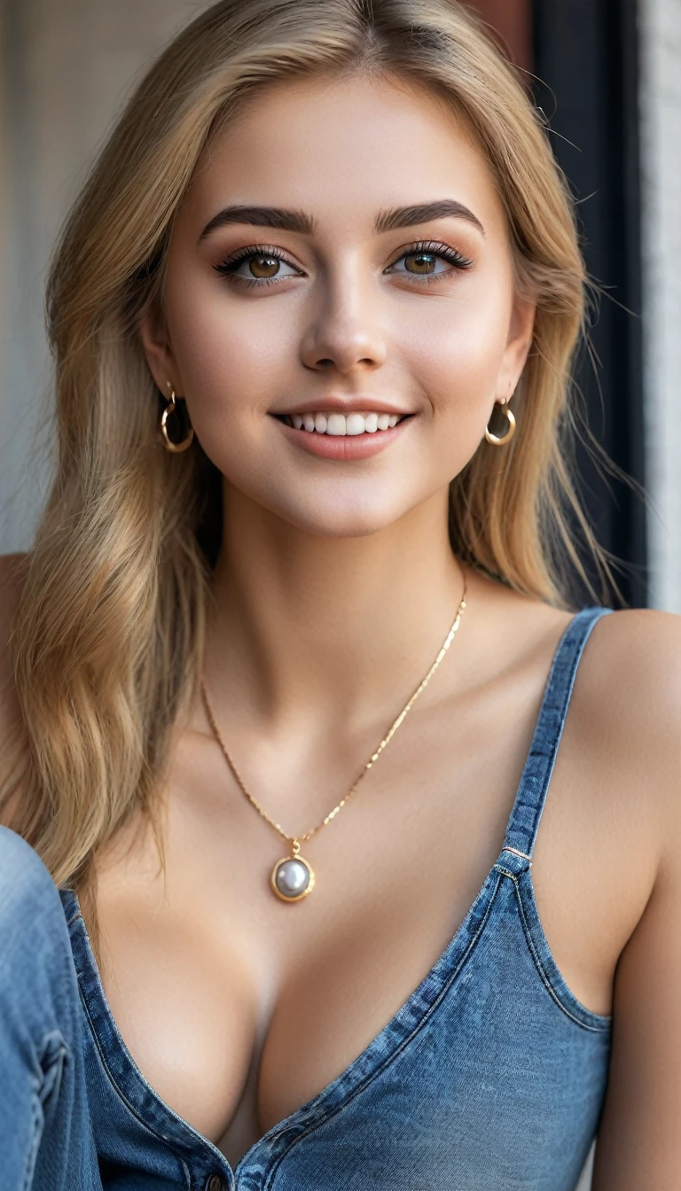 hyperrealistic beautiful busty 18-year-old women in v-neck shirt and skinny jeans, model shooting full body photography, view from behind, natural blonde very long straight hair, dark eye makeup with eyeliner, seductive smile, small necklace and earrings, 8K, best quality, Meisterwerk, ultra high resolution, (Realismus: 1.4), Originalfoto, (realistische Hautstruktur: 1.3), (Filmkorn: 1.3), (Selfie-Winkel), 1 girl, Beautiful round hazel eyes and facial details, Meisterwerk, best quality, selfie-pic-posing outside, nsfw