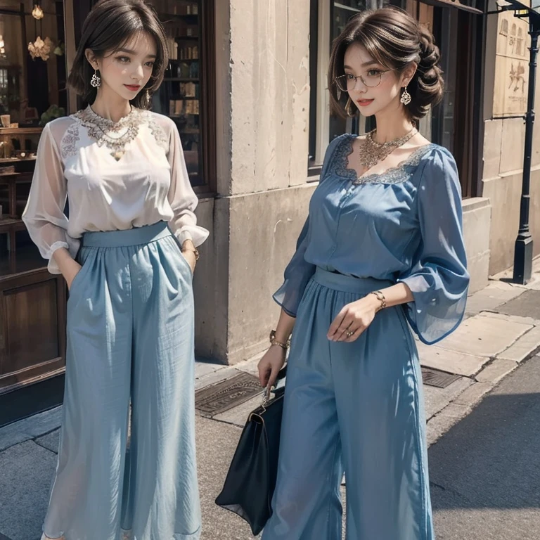 (masterpiece, highest quality, highest quality), (((Perfect body))),Shaggy Hair,Middle Hair,Hair Bun,(((Ash brown hair color))),beautifully,Mysterious:1.2, (One Girl:1.3), Very detailed, Mature Woman,A kind smile,(((Dark blue jumpsuit))),Boston-type glasses, (Mouth closed), (highest qualityのmasterpiece:1.2) Delicate illustrations, Most detailed,Very thin body, ((Monogram lace)),((Cotton Long Skirt,Chiffon blouse:1.3)) 、Single Blade,patterned high heels, Big Breasts, Book_stack, library, ((vine)), Looking at the audience,whole body,Elegant high heels,(Shiny skin), (Many colors:1.4), ,(Earrings),((necklace)),