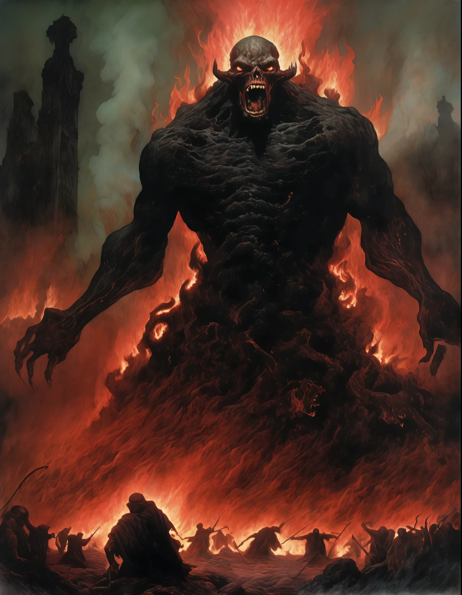 dark theme painting of a horrific setting of demon dancing on the damned as they burn in eternal hell fire in the style of Zdzislaw Beksinski, the fires of hell a with people moaning in pain in the background, dreamy and ethereal, expressive poses, big black eyes, tormented expressions, fantasy, intricate, elegant, dark and moody smoke, highly detailed, ominous baroque painting, concept art, smooth, sharp focus, illustration, black flowing ink, blackened eyes, fire and brimstome, death and decay, landscape painting