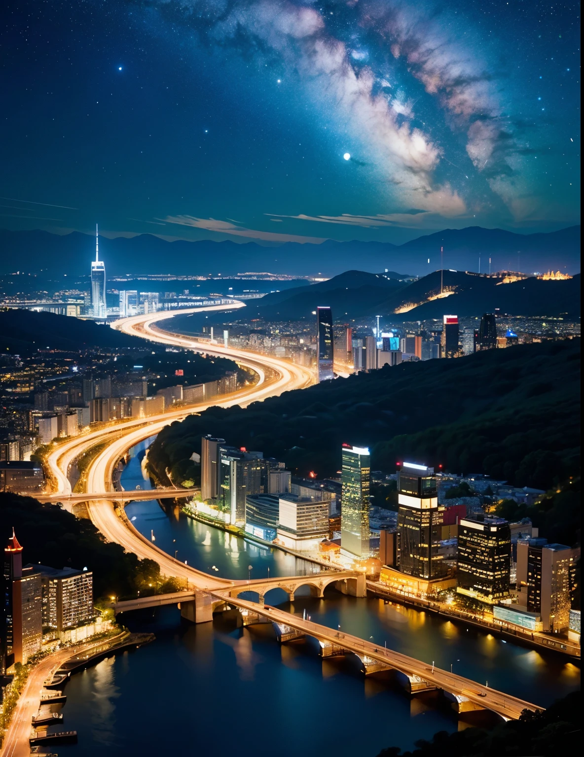 Wonderful landscape、highest quality、Cityscape、Including sky、Starry Sky、night、Big Moon、Moonlit cityscape、building、There are no people