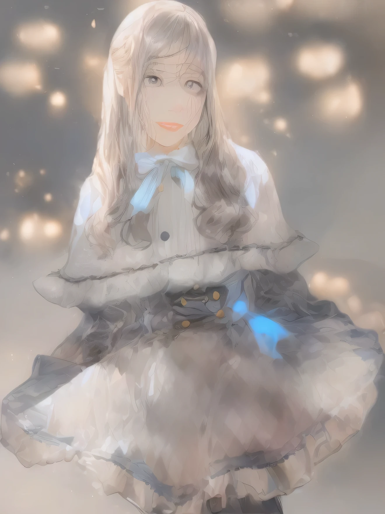 In this photo、A young woman is pictured。She has long wavy grey-brown hair、I have straight bangs。Her costume is a fantasy-style one, with pastel blue and white as the main motif.、Details include:。
tops: she is wearing a white blouse、On top of that she wears a pastel blue short cape.。The cape has white frills、The front of the cape has two white buttons.。A blue ribbon is tied around the neck、The ribbon has a pink flower in the center.。
Bodice: It features a pastel blue corset-like body.、The bodice is decorated with white buttons.。White stitching can be seen on both sides of the bodice.、Adds an accent to the design。
skirt: Her skirt is decorated with a pastel blue and white diamond pattern.、The hem is trimmed with white lace。The skirt is decorated with ruffles and lace throughout.、It gives an elegant impression。
Other details: Her expression is calm、The lips are painted with light pink lipstick。Her big eyes give the photo a gentle impression.。
Overall、The photo depicts a young woman in a fantasy-inspired costume.、Her elegant and charming aura is outstanding.。
