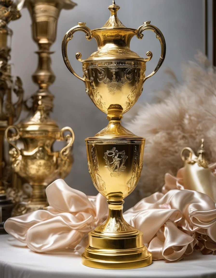 A huge golden trophy with engraved text,A small mountain of worn-out white ballet shoes,A photo of a ballet dancer