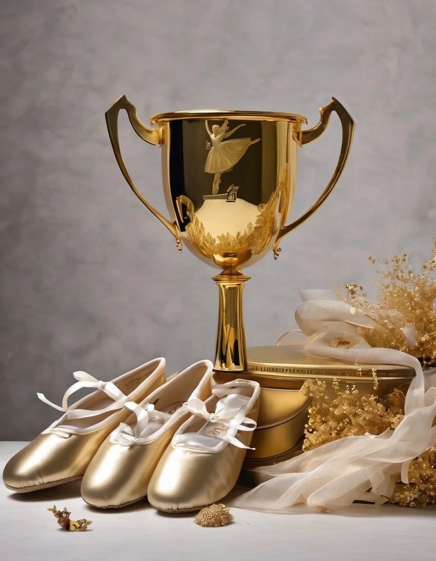 A huge golden trophy with engraved text,A small mountain of worn-out white ballet shoes,A photo of a ballet dancer