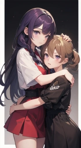 (best quality,4k,highres),ultra-detailed(best quality,1girl,long purple hair, twin braids,purple eyes),2girlsmasterpiece,short brown hair, 2girls, hugging each other, 1girl, short brown hair