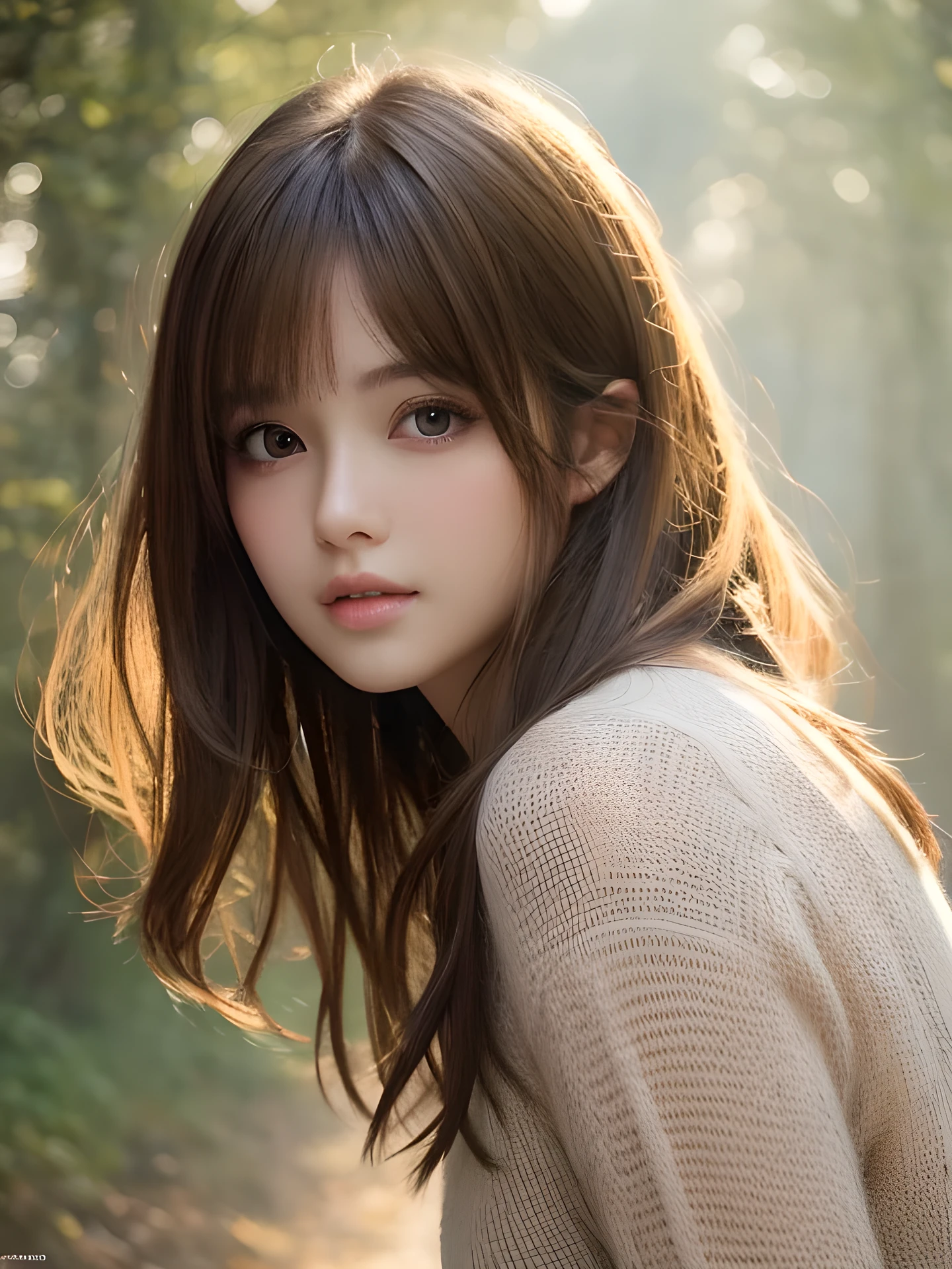 masterpiece, highest quality, High resolution, wallpaper, realistic, (bright lighting:1.4), professional lighting, face light, smooth lighting, 1 girl, Close-up, cute, sad, open mouth to say something, shy, Beautiful girl, gravure, sexy, super beautiful, beautiful skin, beautiful and detailed eyes、detailed face、slim、moderately, short hair, hair blown by the wind, brunette colored hair, brown eyes, Professional Photography, Bokeh, Portrait, The morning sunlight shines through the misty forest path.
