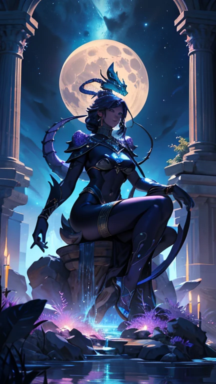 A mystical and artistic depiction featuring a giant scorpion emerging from water, seemingly interacting with a female figure who is pouring water from an amphora. The scene is set against a celestial backdrop with a glowing full moon and surrounded by zodiac symbols. The colors are vibrant, dominated by blues and purples, creating a dreamy, cosmic atmosphere.