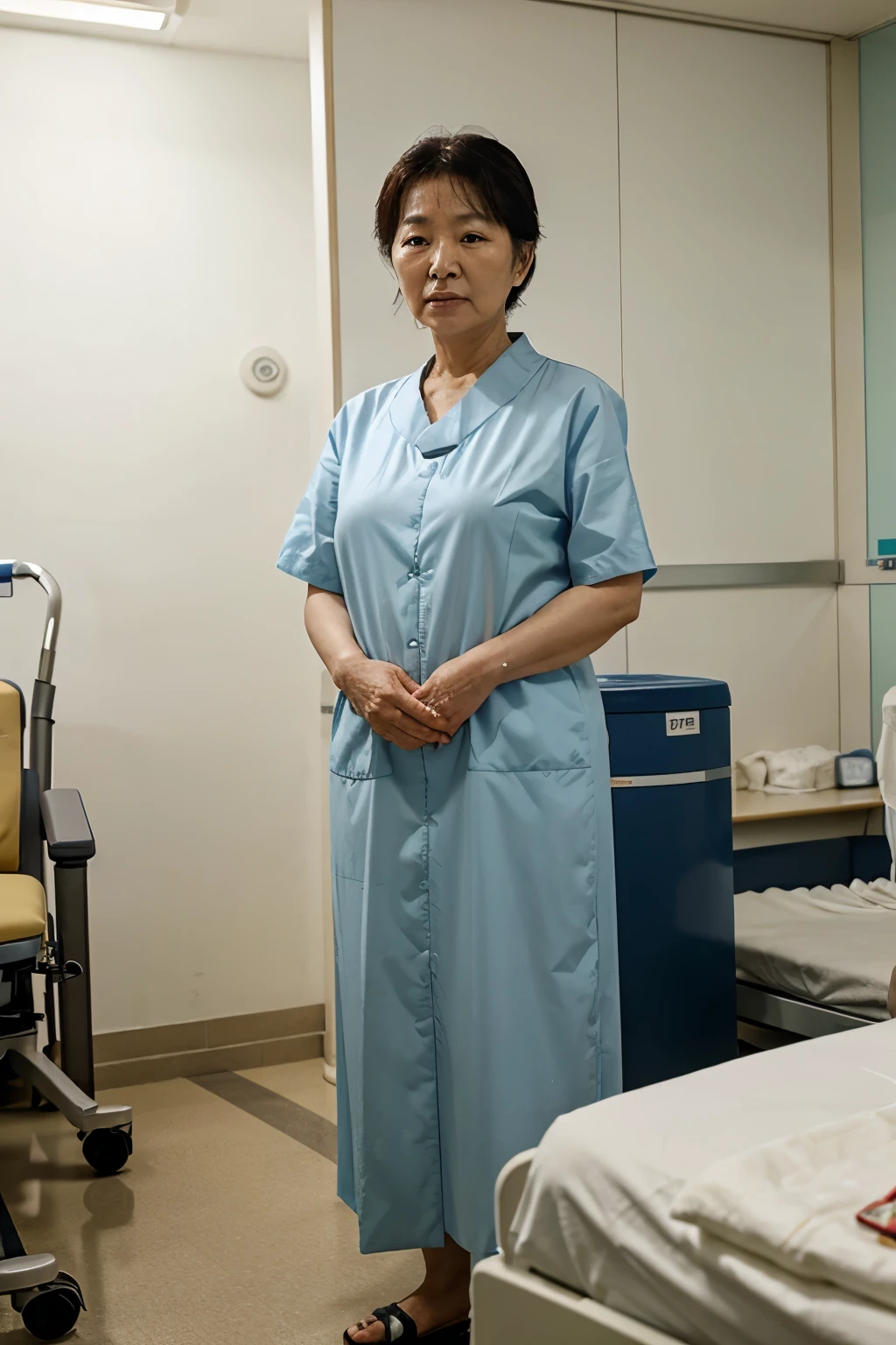 A Korean grandmother in her 70s standing in a hospital room